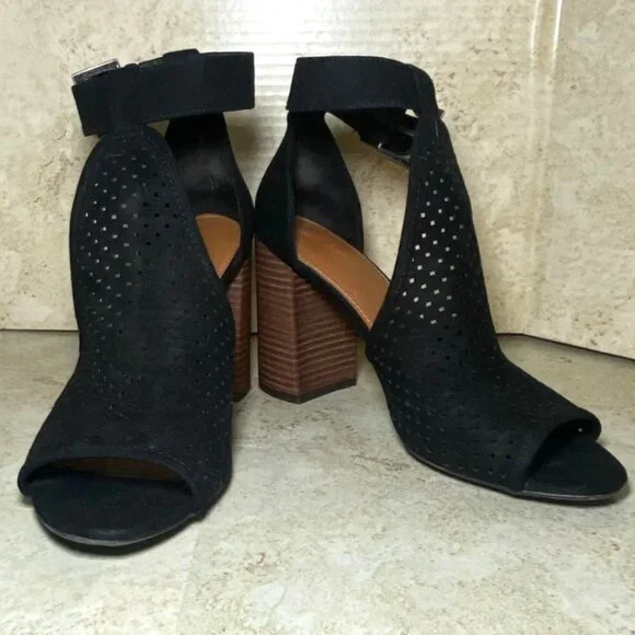 Womens Black Open-Toe Block Heel Sandals With Ankle Straps & Buckle Closure Sz 8 - Picture 1 of 8